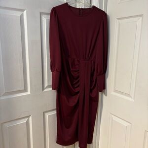 Burgundy Classy Elegant Long Sleeve Stylish Ruched Midi Dress Size Large